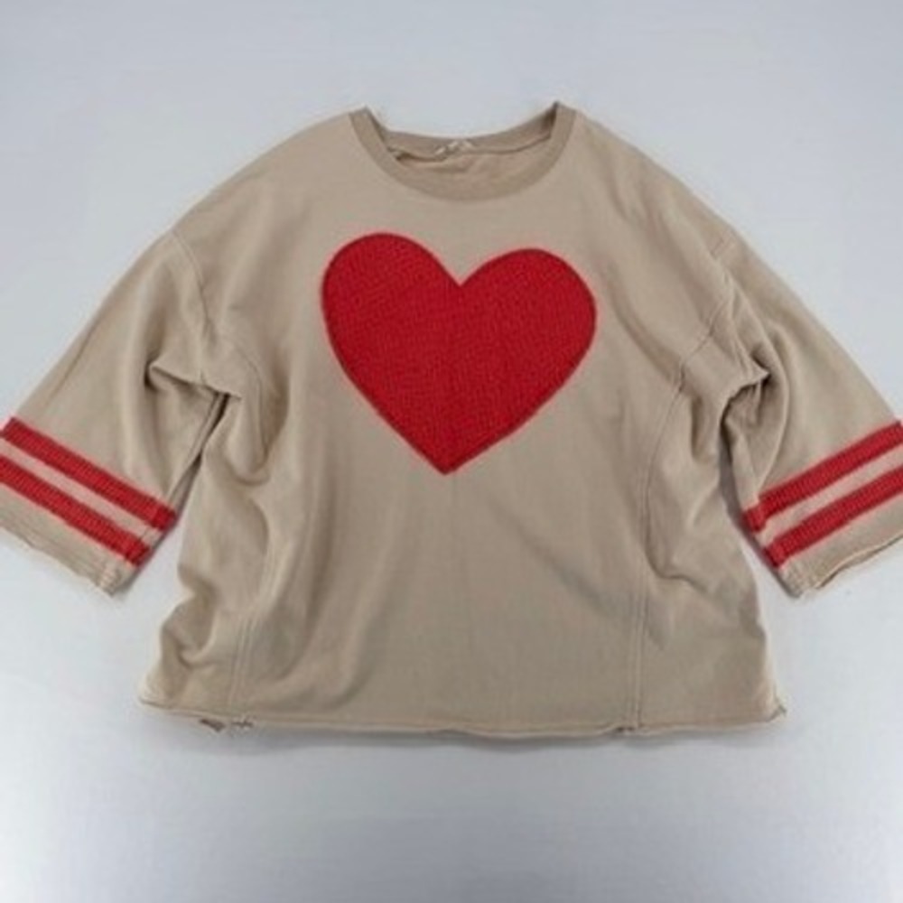 Easel Heart Patch Top Cream Red Graphic Tee Boho Cute S - Picture 7 of 16